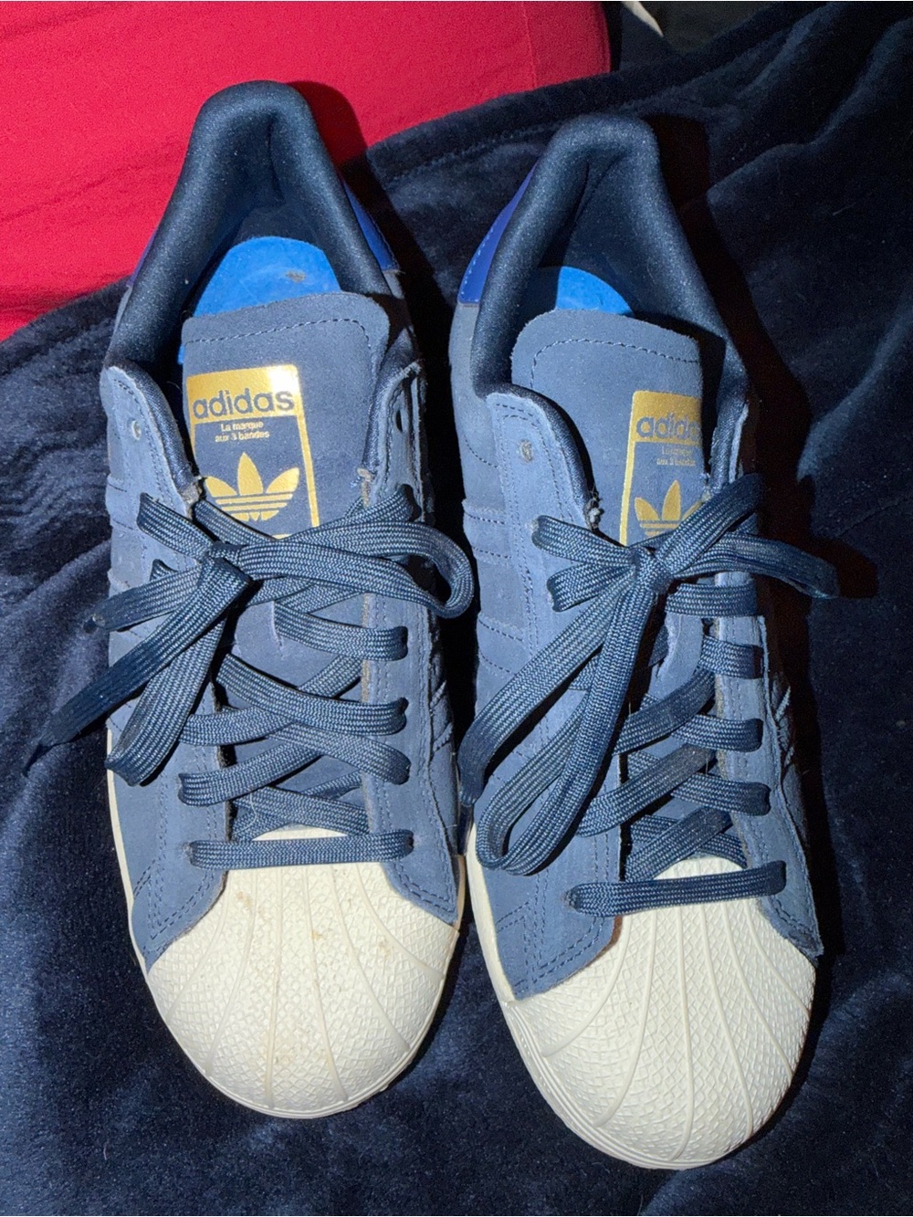 adidas Superstar Navy Blue and White Shell Toe Sneakers with Gold Logo (M7/W8)